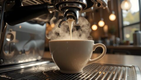 From an espresso machine, coffee is poured into a white cup, steam rises in a charming coffee corner.