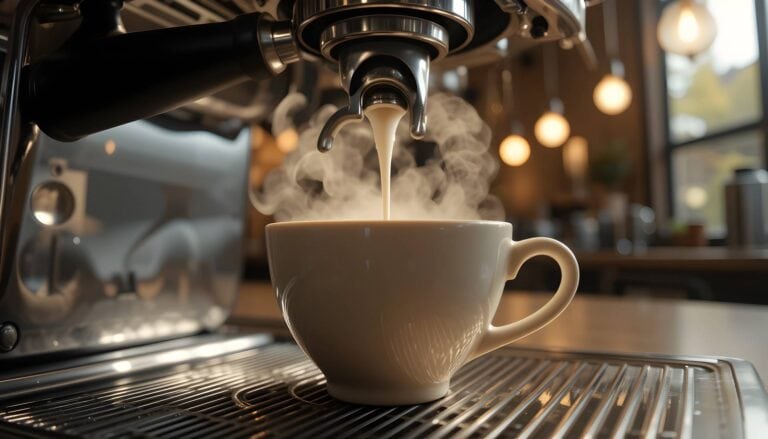 Från en espressomaskin hälls kaffe i en vit kopp, ånga stiger upp i ett charmigt kaffehörn.