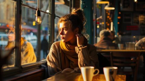 a woman is sitting at a cafe table with a cup of coffee and looking out the window