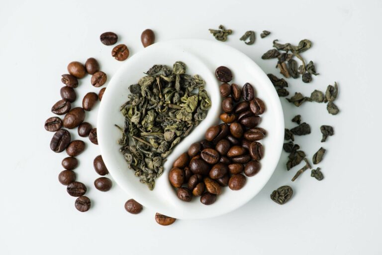 green leaf tea versus coffee beans in yin yang